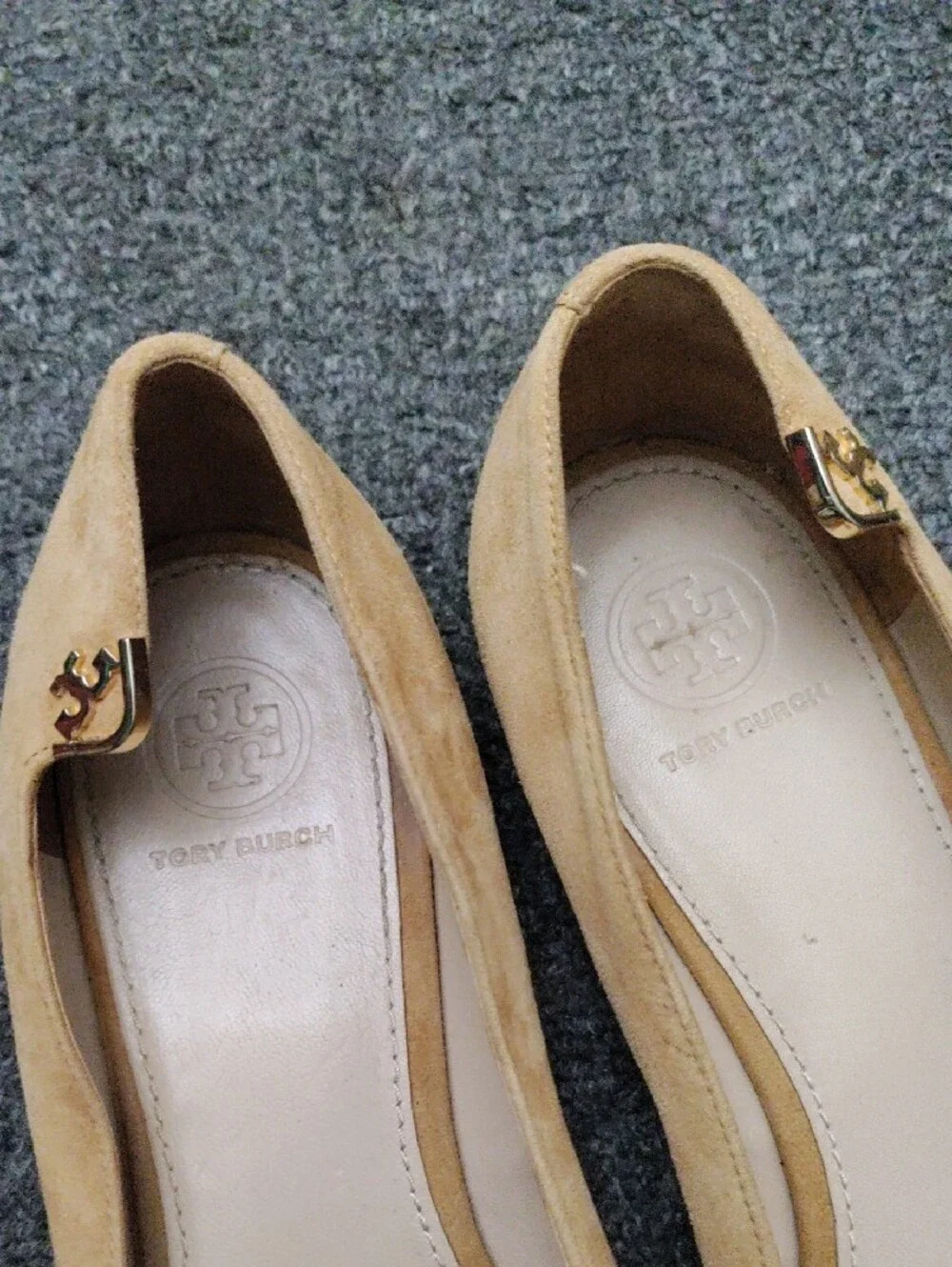 Tory Burch Camel/Tan Pointed Suede Ballet Flats with Logo Accent